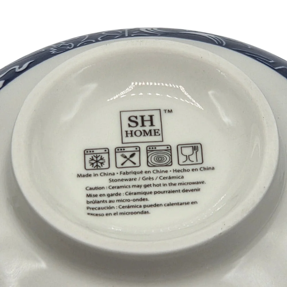 SH Home 42oz Blue Ceramic Ramen Noodle Soup Bowl Chopsticks Spoon Chinese Motifs